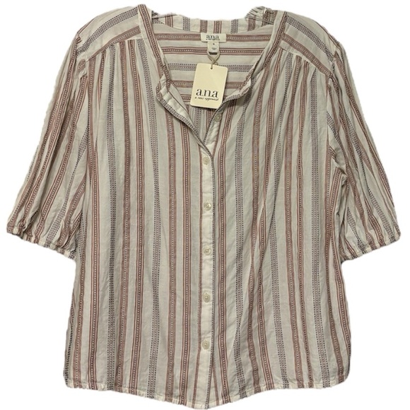 Striped Peasant Blouse Button Front Embroidered Boho Cottage Ivory Size Medium - Picture 6 of 14